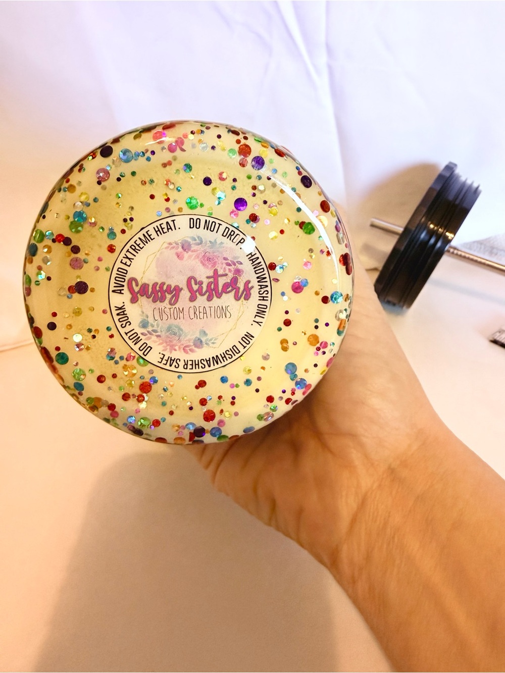 Teaching With Flair Glitter Tumbler — Cream Body with Multicolor Accents - Picture 5 of 5